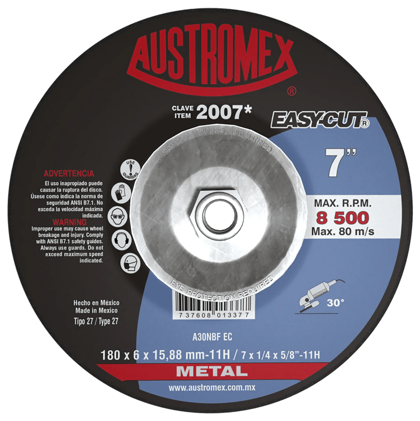 Disco abrasivo de 180 x 6 x 15.8 mm-11H con adaptador, para desbaste de metal AUSTROMEX