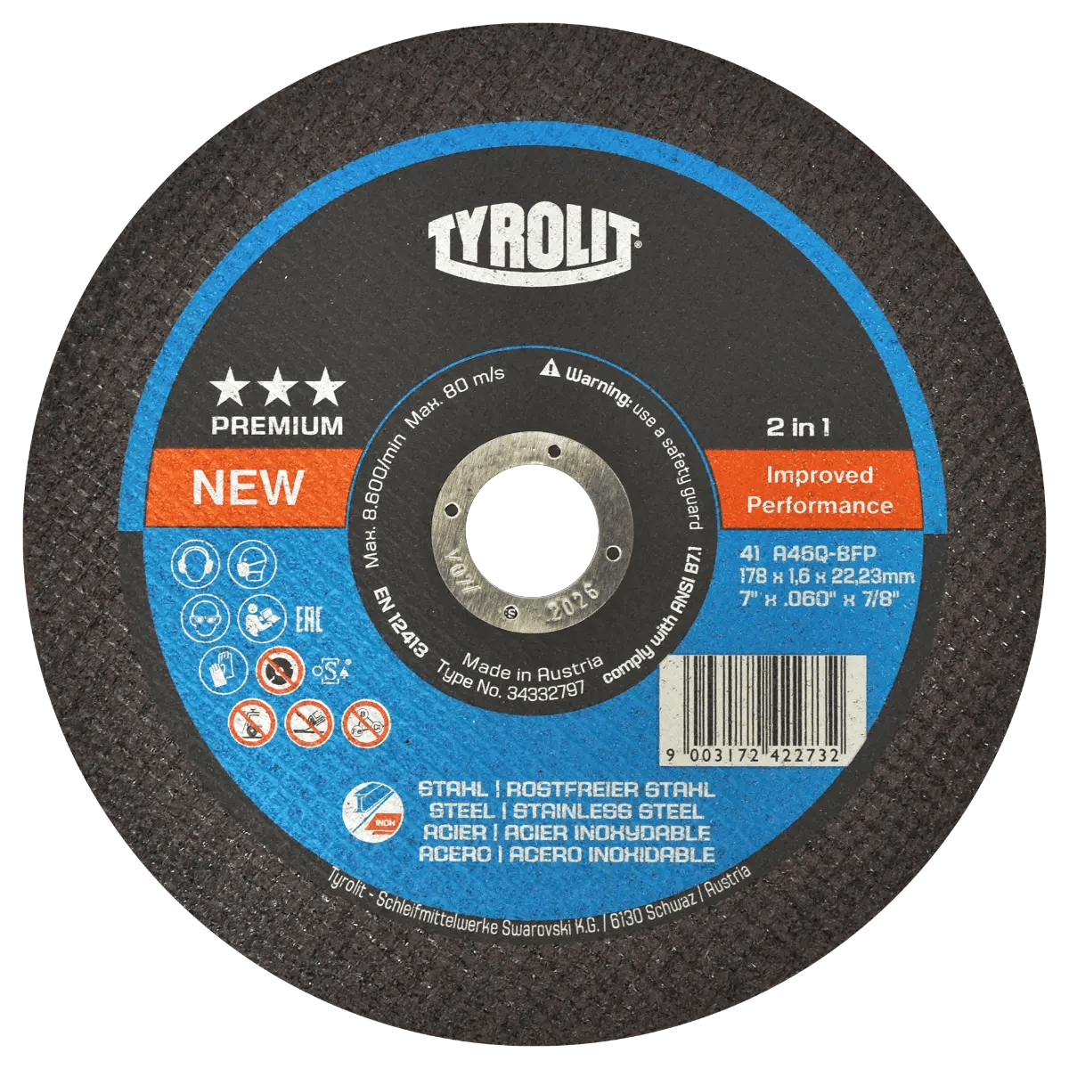 Disco de corte 2 en 1 para acero e inoxidable de 178 x 1.6 x 22.23 mm AUSTROMEX