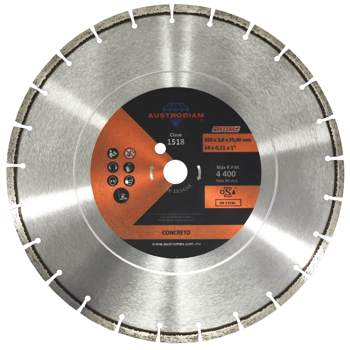 Disco de diamante de 350 x 3.0 x 25.4 mm para corte de concreto curado AUSTROMEX