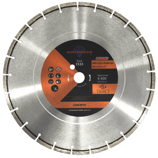 Disco de diamante de 350 x 3.0 x 25.4 mm para corte de concreto curado AUSTROMEX