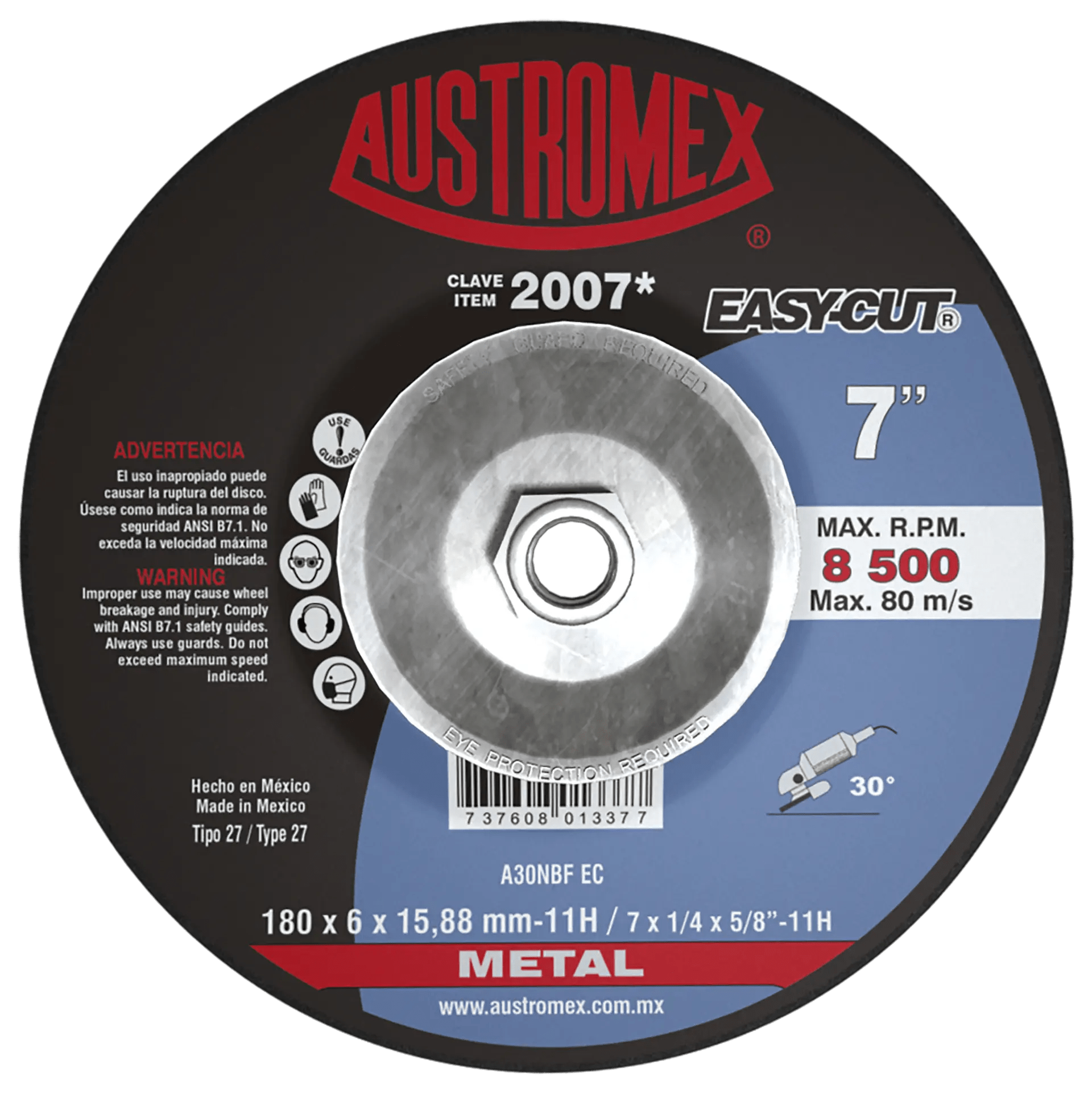 Disco abrasivo de 180 x 6 x 15.8 mm-11H con adaptador, para desbaste de metal AUSTROMEX