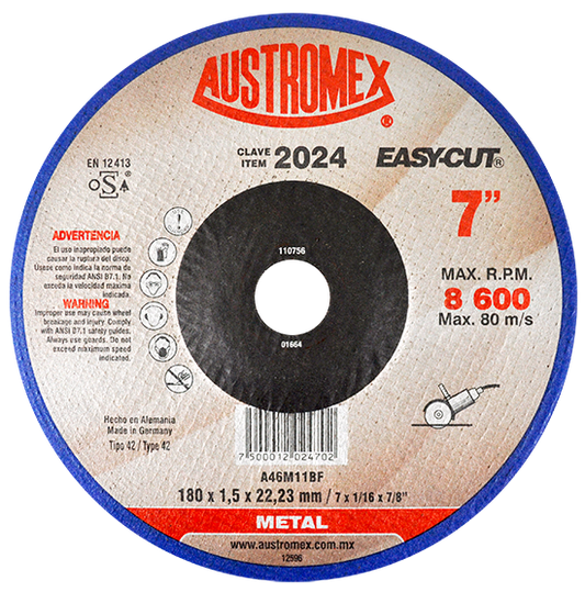 Disco abrasivo para corte de metal de 180 x 1.5 x 22.23 mm