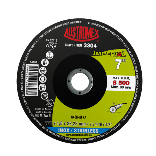 Disco abrasivo para corte de acero inoxidable de 178 x 1.6 x 22.23 mm