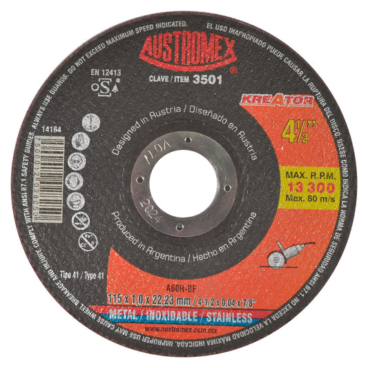 Disco abrasivo para corte de metal y acero inoxidable de 115 x 1.0 x 22.23 mm