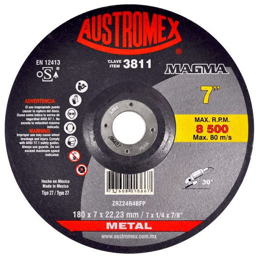 Disco abrasivo para desbaste de acero, fundici¢n y soldadura de 180 x 7 x 22.23 mm