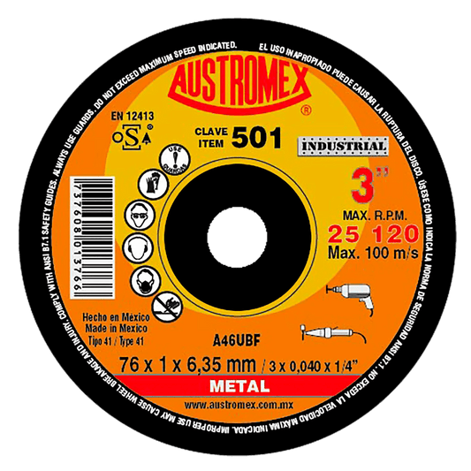 Disco abrasivo para corte de acero al carb¢n de 76 x 1 x 6.35 mm AUSTROMEX