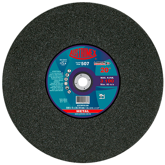 Disco abrasivo para corte de todo tipo de acero, hierro y varilla de 500 x 5 x 38.10 mm