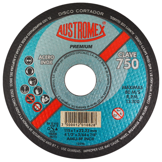 Disco abrasivo para corte de acero inoxidable de 115 x 1.0 x 22.23 mm