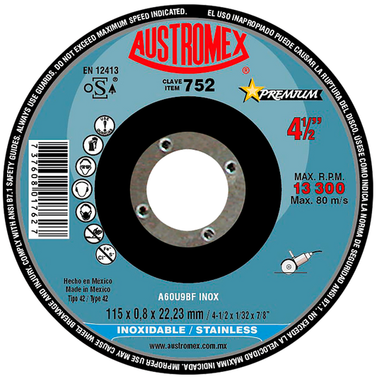 Disco abrasivo para corte de acero inoxidable de 115 x 0.8 x 22.23 mm