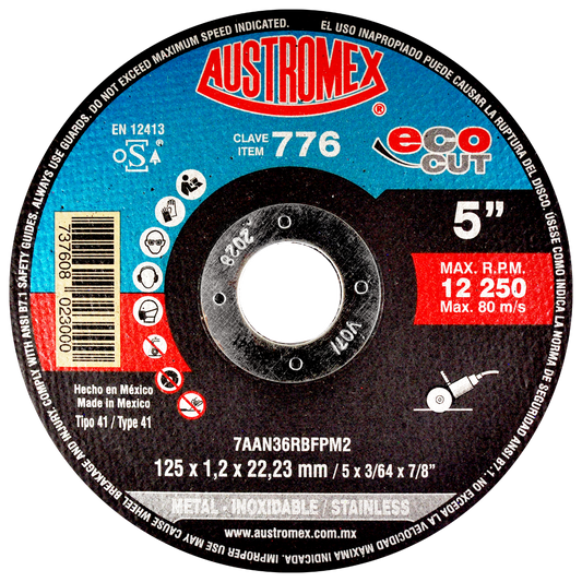 Disco abrasivo para corte de acero al carb¢n, inoxidable y metales de 125 x 1.2 x 22.23 mm