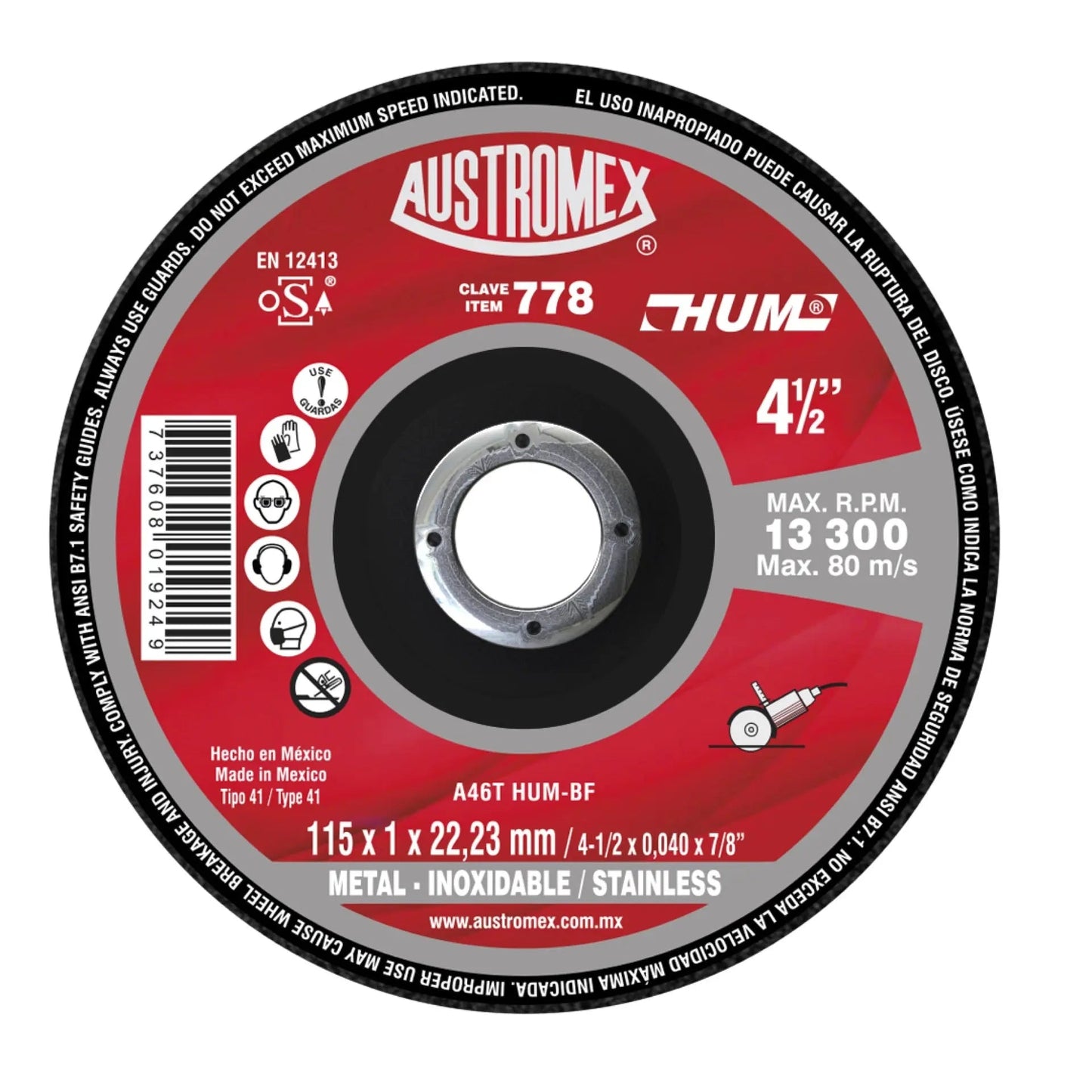 Disco abrasivo de 115 x 1 x 22.23 mm para corte de acero al carb¢n, acero inoxidable y metales AUSTROMEX