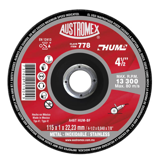 Disco abrasivo de 115 x 1 x 22.23 mm para corte de acero al carb¢n, acero inoxidable y metales AUSTROMEX
