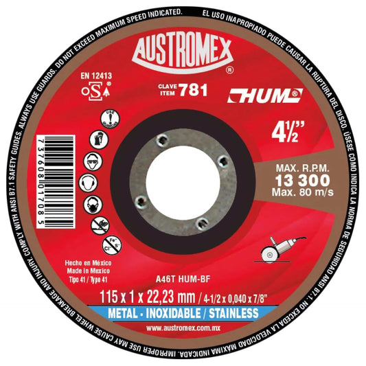 Disco abrasivo de 115 x 1 x 22.23 mm para corte de acero inoxidable AUSTROMEX