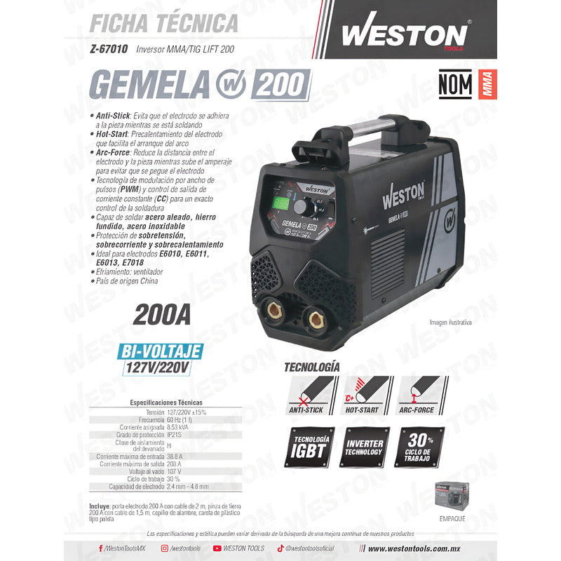Soldadora Inverter 200 Amps Weston Tools Z-67010 110/220 Pro Weld Industrial