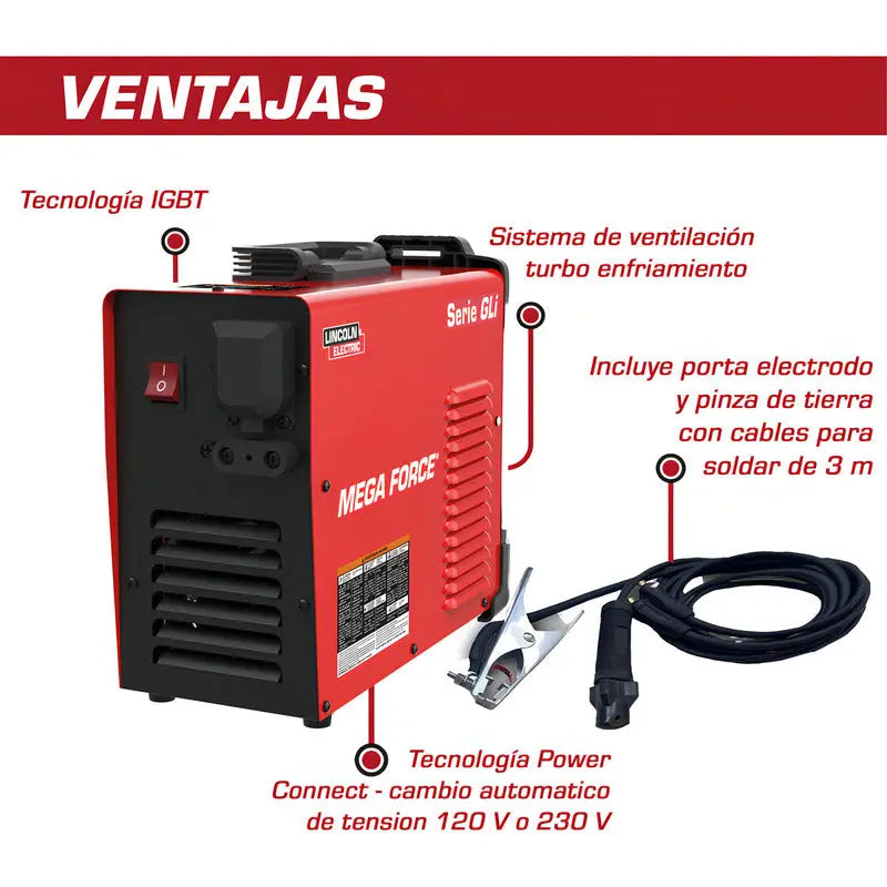 Soldadora Inverter Lincoln Electric Mega Force 175 Gli E Roja Stick Pro Weld Industrial