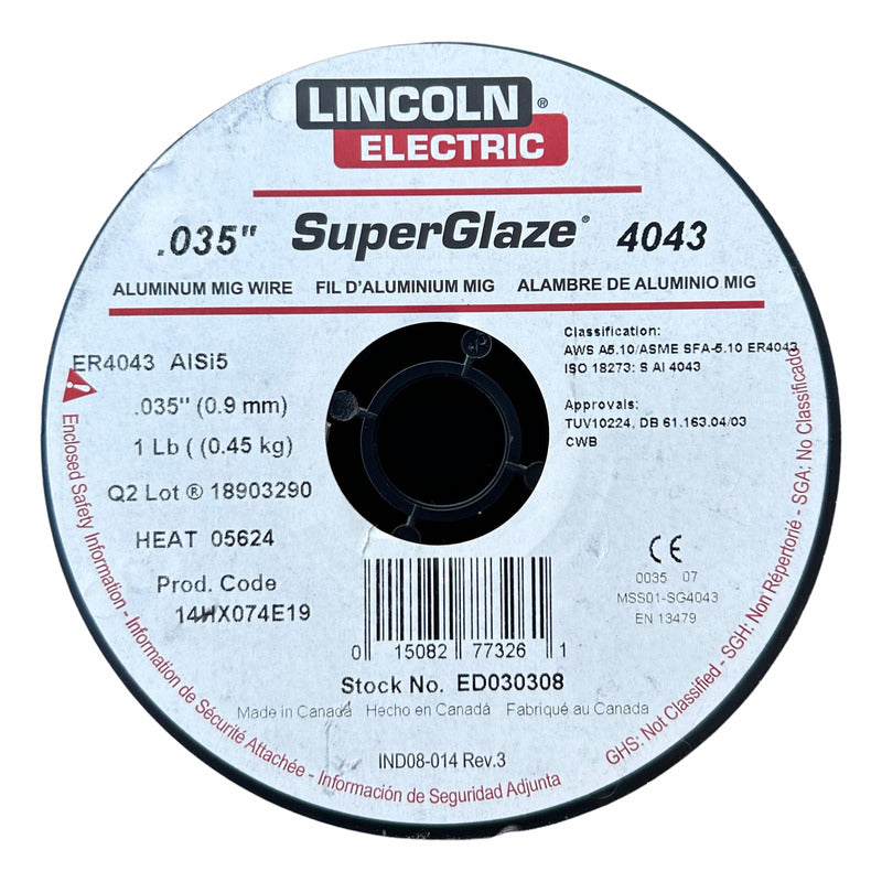 Micro Alambre Aluminio 4043 Lincoln .035 1 Lb/0.454 Kg. Pro Weld Industrial